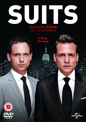 DVD cover for "Suits Season 4" featuring two men in suits against a city skyline.