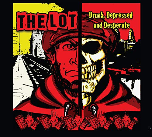 Album cover with a man and skeleton illustration, surrounded by red cans.