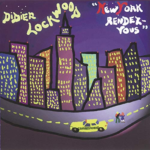 "Album cover featuring a cartoon cityscape at night with a taxi and pedestrians."