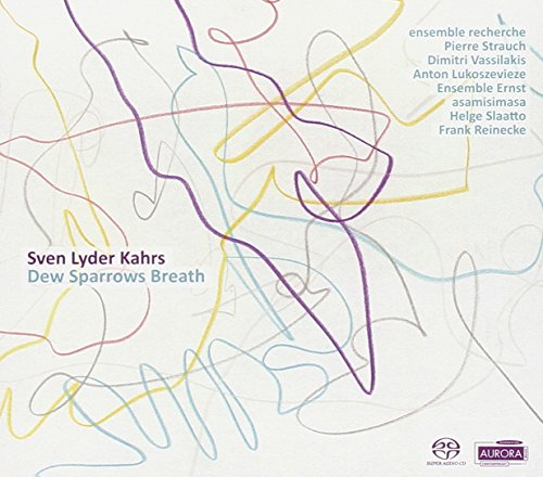 Album cover with abstract colorful lines on a white background, titled "Dew Sparrows Breath".