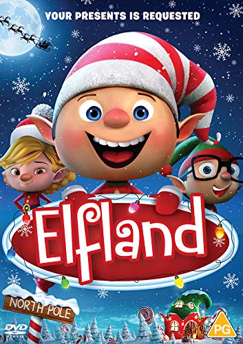 "Elfland DVD cover featuring cartoon elves and snowy North Pole scene."