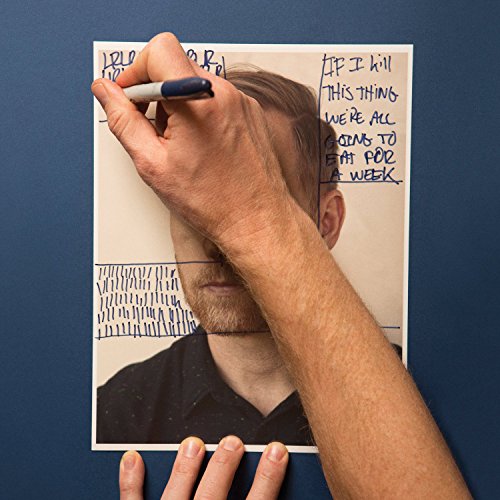 "CD cover art: a man drawing on a photo of another man."