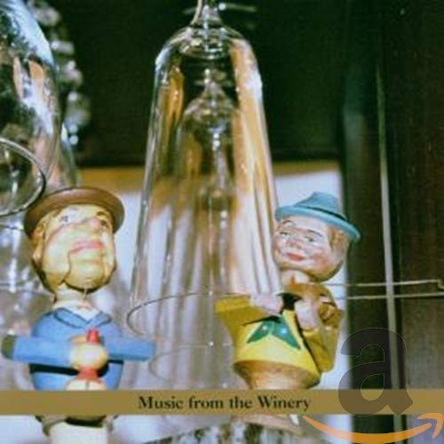 "CD cover featuring two figurines hanging from upside-down wine glasses, with 'Music from the Winery' text."