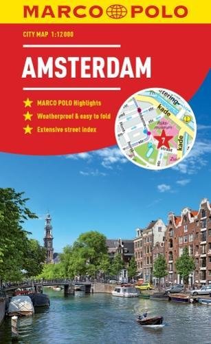 "Map cover featuring a canal scene in Amsterdam with red and yellow design."