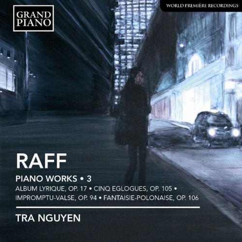 "Album cover with a person standing on a dark street at night, piano music details."