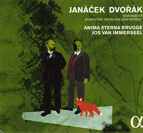 CD cover with green background, two men, and a red fox.