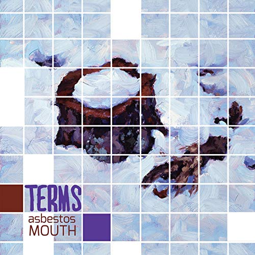 "Grid-patterned image with abstract blue and brown shapes, text 'TERMS asbestos MOUTH' in lower left."