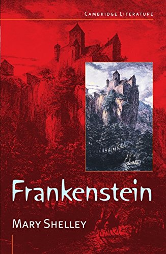 "Red book cover with 'Frankenstein' by Mary Shelley and a castle image."