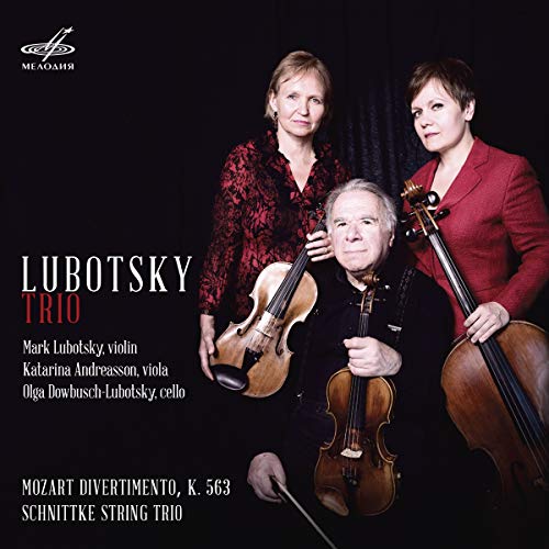 "CD cover with three musicians holding string instruments against a black background."