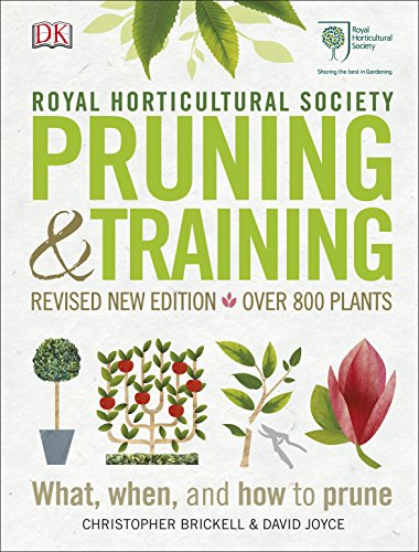 "Book cover with 'Pruning & Training' title, illustrations of plants, and pruning shears on a white background."