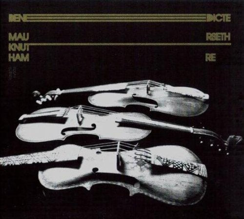 "Music CD cover with three violins and Norwegian artist names on a black background."