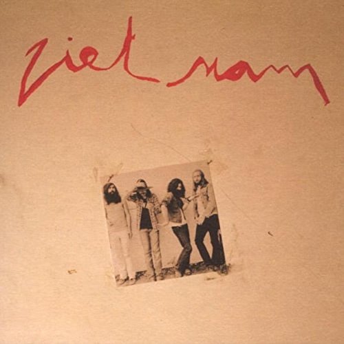 Brown album cover with red handwritten text and a small black and white band photo.