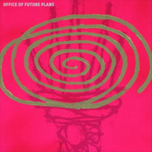 "Album cover with pink background, green spiral, and faint image of a person."