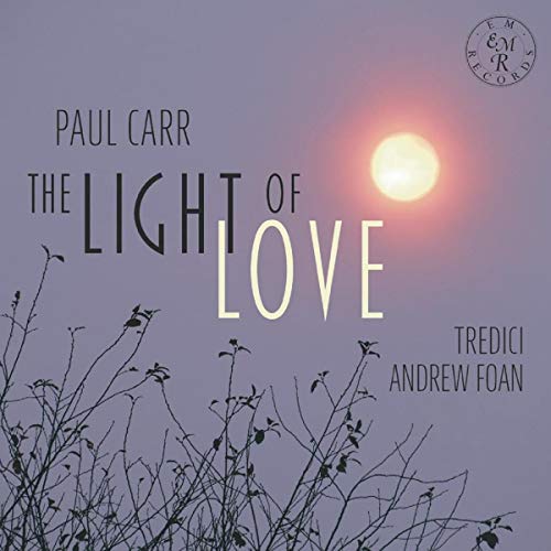 "Album cover with 'The Light of Love' text, sun, and silhouetted plants on purple background."