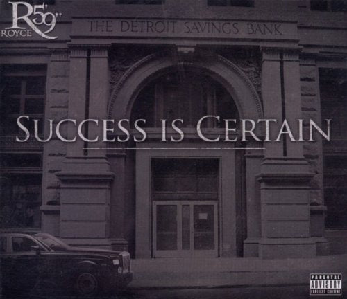 "Album cover with darkened bank building image and 'Success Is Certain' text overlay."