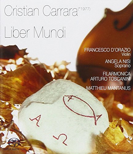 "Album cover with violin, stone, and leaves, featuring 'Cristian Carrara - Liber Mundi'."