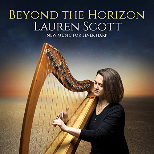 Woman playing a harp against a sunset background with album title and artist name.