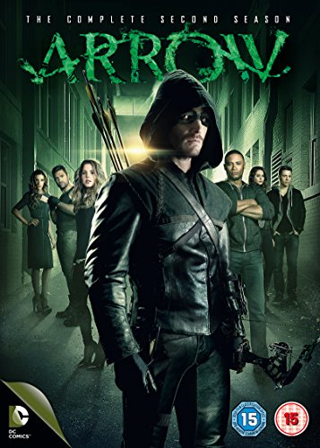 "Arrow season 2 DVD cover featuring a hooded figure and supporting characters in a dark alley."