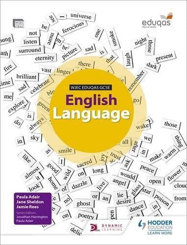 The image depicts a textbook cover with a white background and a yellow circle. The alt text is: "Textbook cover with 'English Language' in a yellow circle surrounded by words."