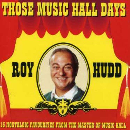 "Album cover with Roy Hudd's portrait, red curtains, and yellow stage design."