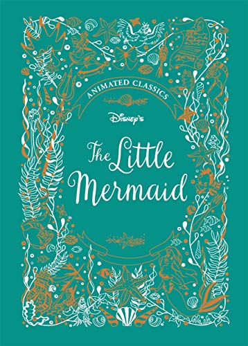 "Teal book cover with white and orange sea creature illustrations and 'The Little Mermaid' text."