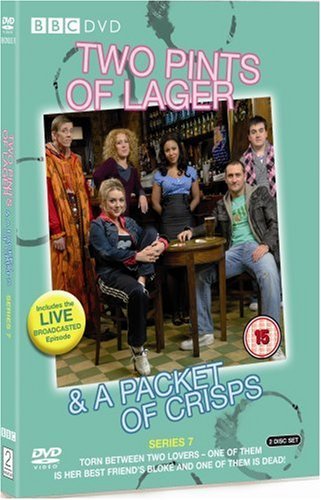 "Teal DVD case with 'Two Pints of Lager' title and cast photo on the cover."