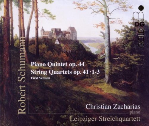 "CD cover featuring a serene landscape painting with text overlay about Schumann's music compositions."