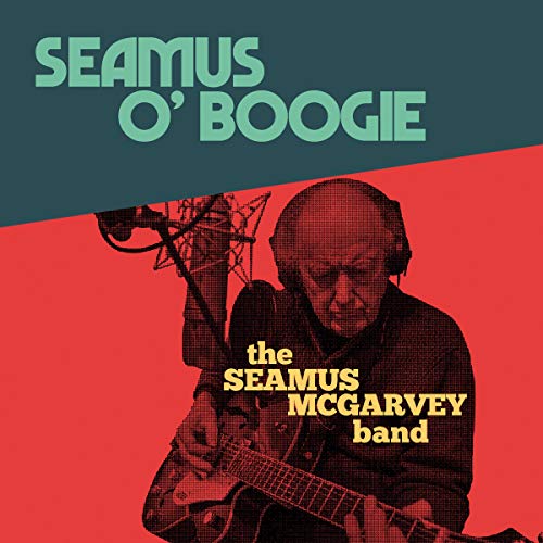 "Album cover with red background, man playing guitar, and microphone."