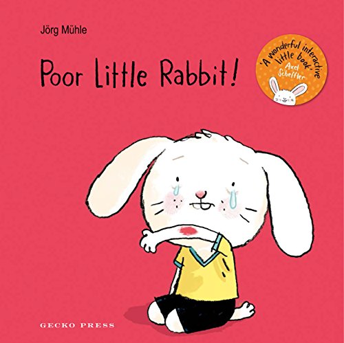 Red children's book cover with crying cartoon rabbit wearing yellow shirt and black shorts.