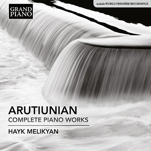 "Album cover with black and white waterfall image and 'Grand Piano' logo."