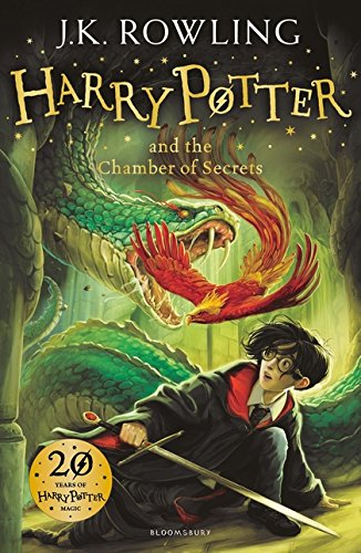 "Book cover featuring Harry Potter with a sword and a green dragon in a dark forest."
