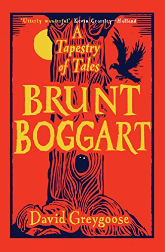 "Book cover with red background, tree trunk, and bird, titled 'Brunt Boggart' by David Greygoose."