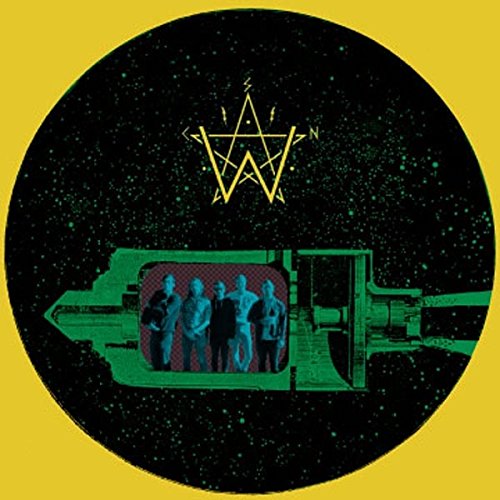 A vinyl record cover featuring a spaceship with five men and a pentagram symbol.