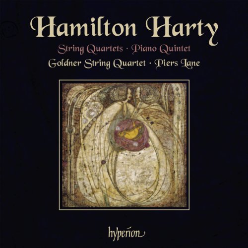 "CD cover with black background, abstract art, and 'Hamilton Harty' in yellow text."