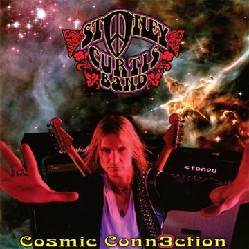 "Album cover with man holding guitars, surrounded by space scene and band logo."