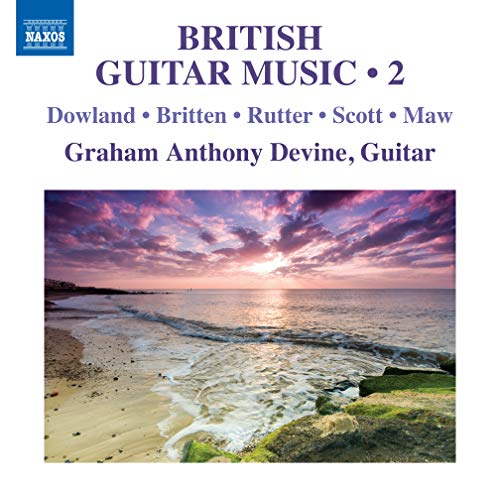 CD cover with serene beach scene at sunset, titled "British Guitar Music 2".
