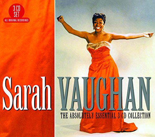 Sarah Vaughan CD cover featuring a smiling woman in an orange dress, arms outstretched.
