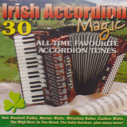 "CD cover featuring an accordion, sheet music, and green landscape background with shamrock."