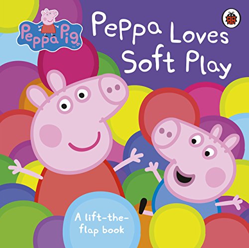 "Children's book cover featuring Peppa Pig and her brother in a colorful soft play area."