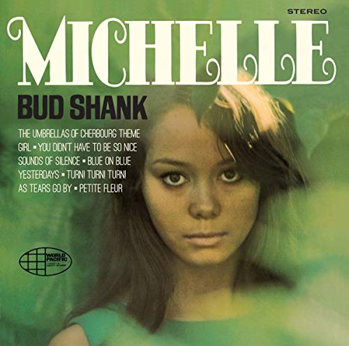 The image depicts a CD cover for the album "Michelle" by Bud Shank. The cover features a close-up of a woman's face, with her long brown hair framing her features. She is positioned centrally in the image, gazing directly at the viewer. The title "MICHELLE" is prominently displayed in large white text at the top of the cover, while the artist's name, "BUD SHANK," is written in smaller black text below it. A list of