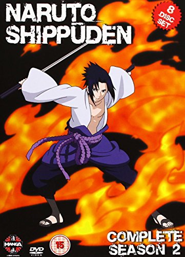 DVD cover featuring anime character Sasuke Uchiha surrounded by flames, holding a sword.