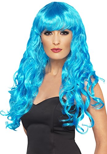 "Model wearing a long, curly blue wig with bangs against a white background."