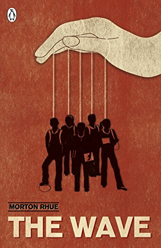 The image depicts a book cover with a red background. "Red book cover with hand controlling silhouetted figures on strings, 'THE WAVE' text."