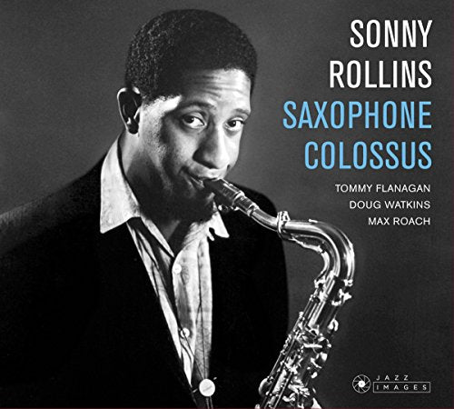 Album cover with black-and-white photo of man playing saxophone and blue and white text.