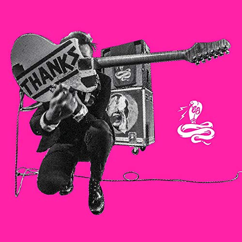 "Black and white illustration of man playing guitar on a pink background."