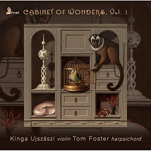 "Album cover featuring a cabinet with various objects, including a lemur and a birdcage."