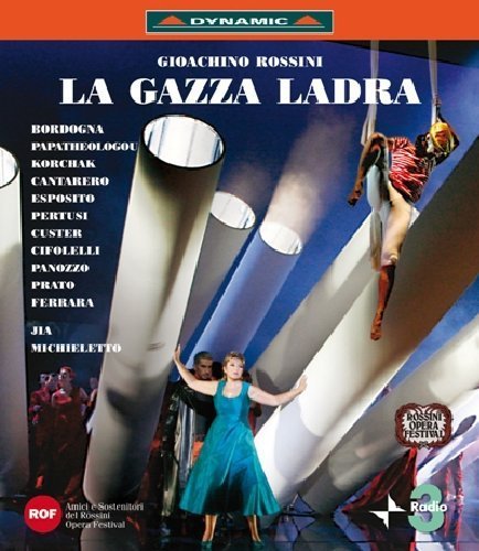 "Rossini's La Gazza Ladra Blu-ray cover featuring a woman in blue dress and a hanging man."