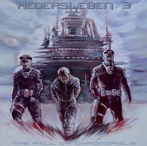 Vinyl album cover with futuristic illustration of three men and a spaceship.