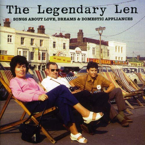 "CD cover featuring three men lounging in deck chairs on a street."
