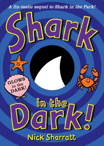 "Children's book cover with 'Shark in the Dark!' title, crab, starfish, and swirling blue background."